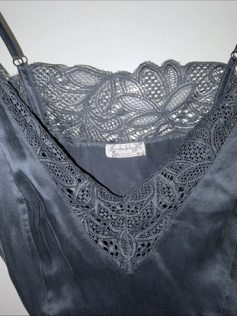 Free People Charcoal Lace Trim Satin Cami Top XS